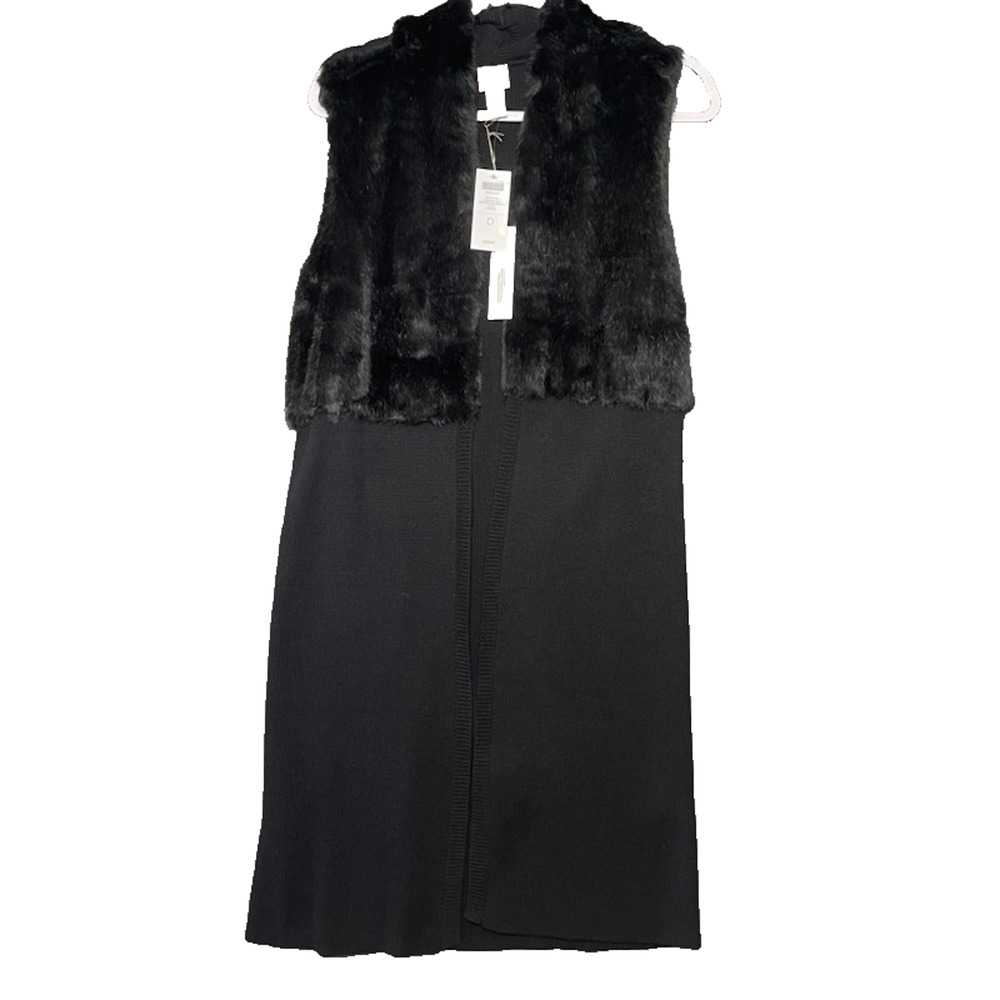 Chicos NWT Long Line Black Sweater Vest Fur Trim ($129) Size 0 Winter Glam Cozy